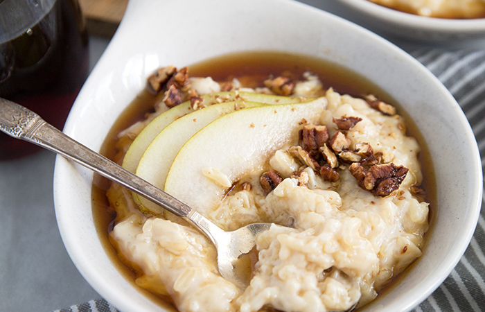 Pear Rice Pudding with maple and candied pecans