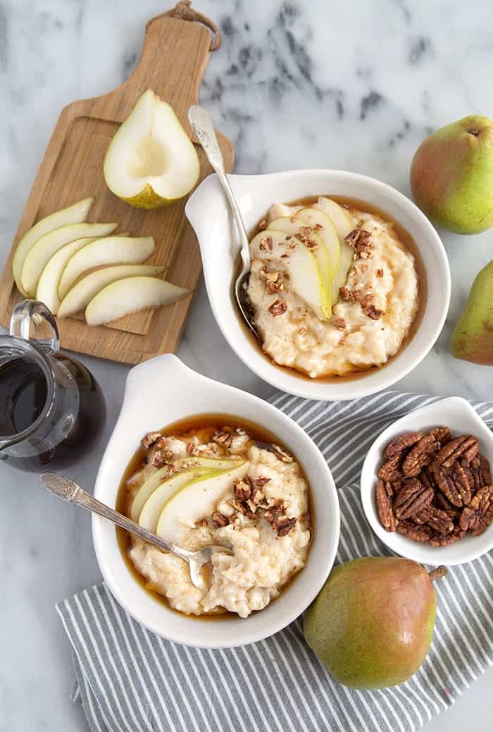 Pear Rice Pudding with maple and candied pecans