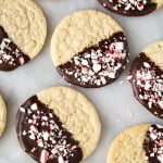 Peppermint Chocolate Dipped Sugar Cookies topped with crushed candy canes.