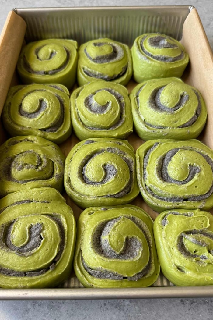 matcha rolls with black sesame filling after proof.