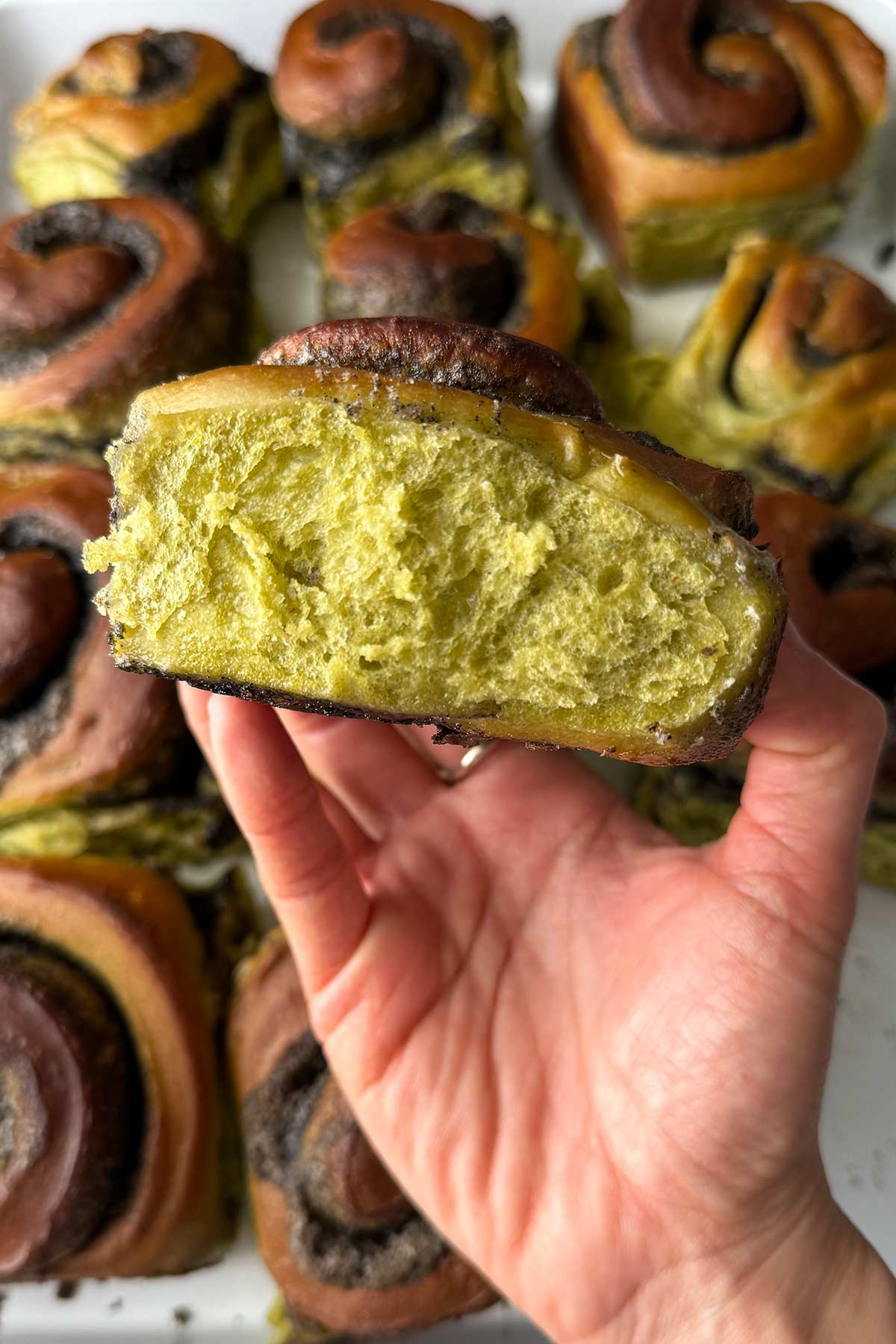 holding fluffy matcha black sesame roll.
