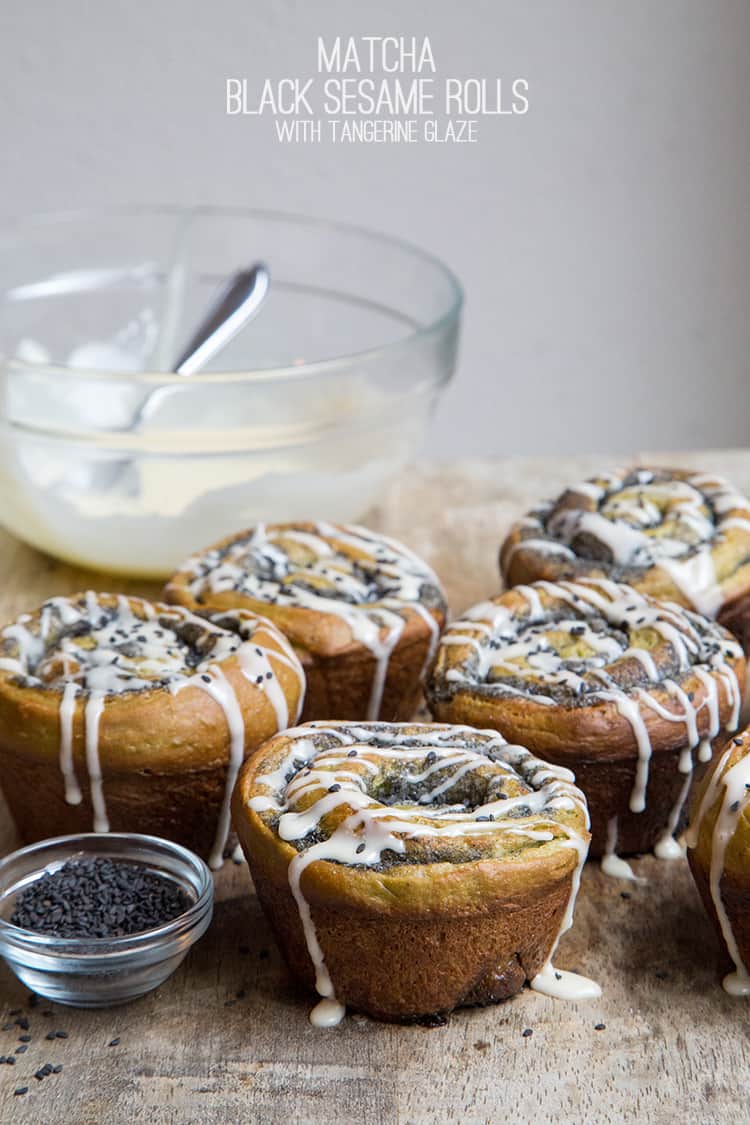 Matcha Black Sesame Rolls with tangerine glaze