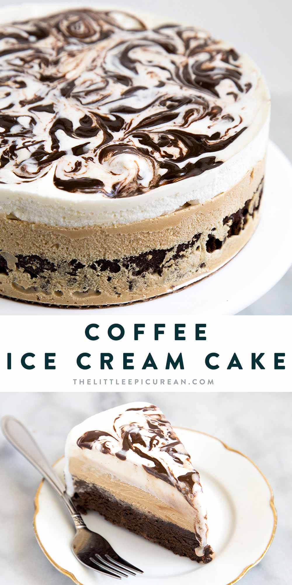 Coffee Ice Cream Cake. This decadent dessert starts with a brownie layer, followed by coffee ice cream and a layer of vanilla ice cream swirled with fudge