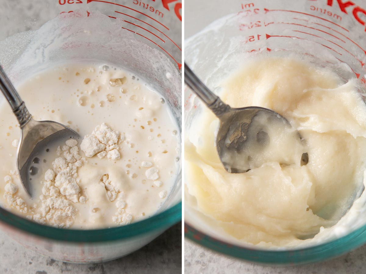 before and after showing how starter roux changes after being cooked.