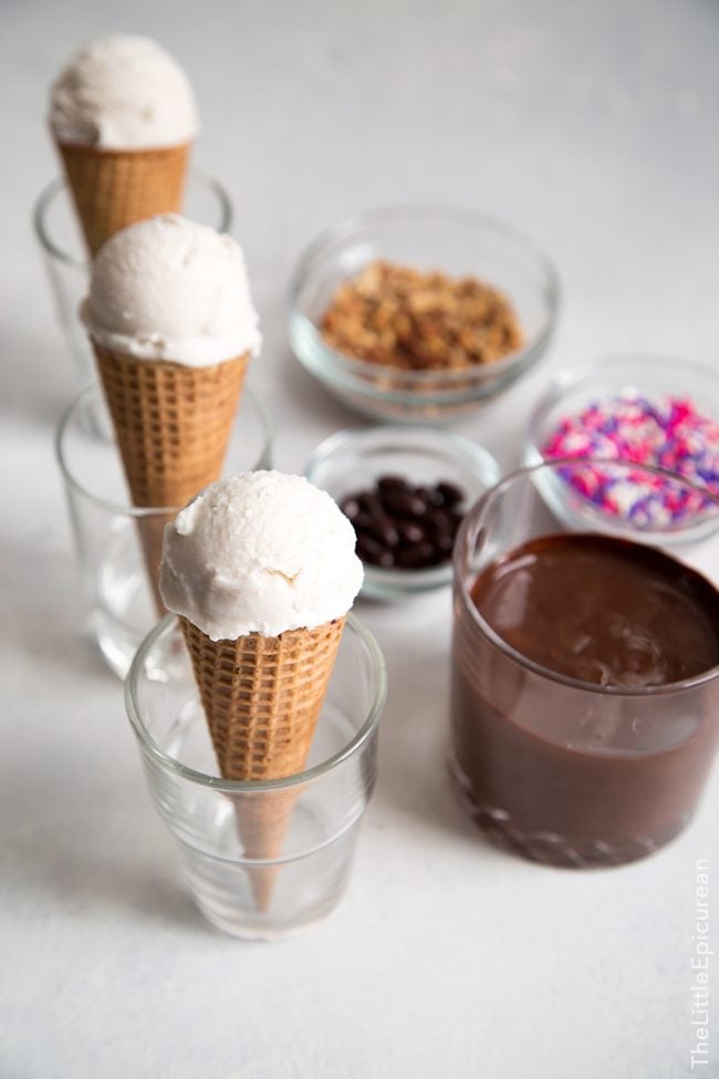 get coconut ice cream cones ready for melted chocolate dip.