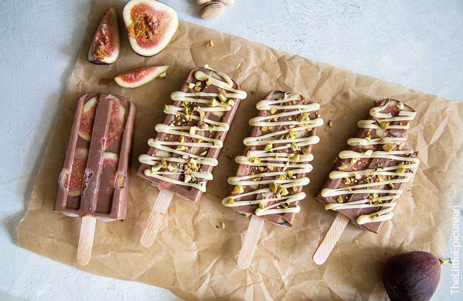 Fig Fudge Popsicles with White Chocolate Drizzle and Crushed Pistachios