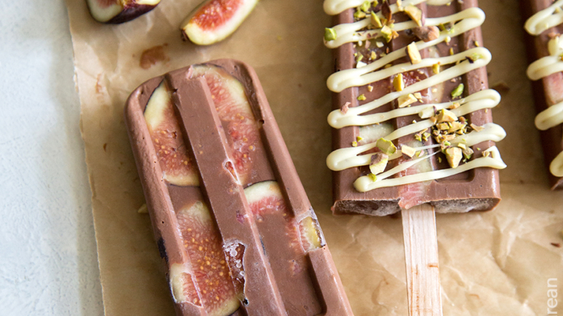 Fig Fudge Popsicles with White Chocolate Drizzle and Crushed Pistachios