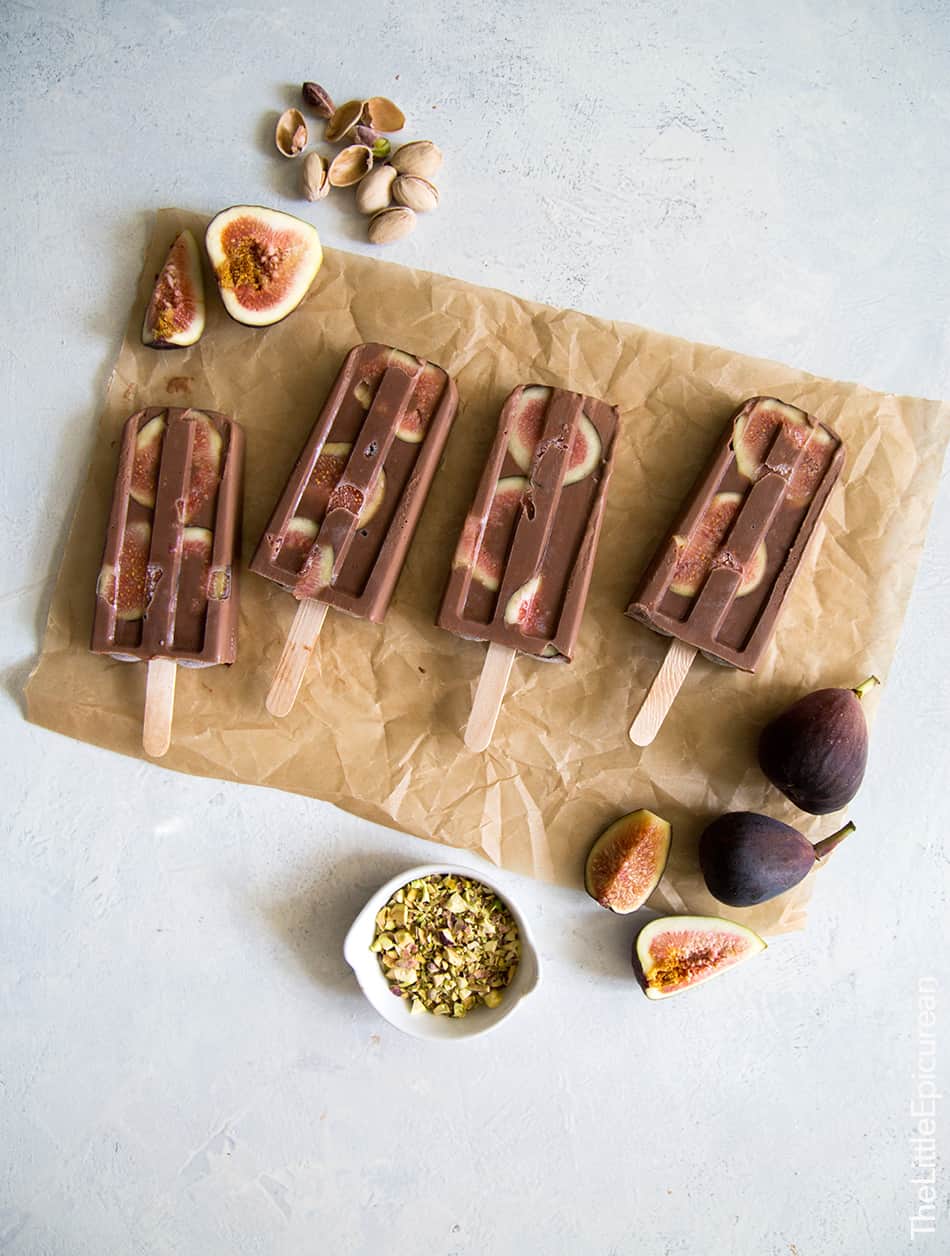 Fig Fudge Popsicles with White Chocolate Drizzle and Crushed Pistachios