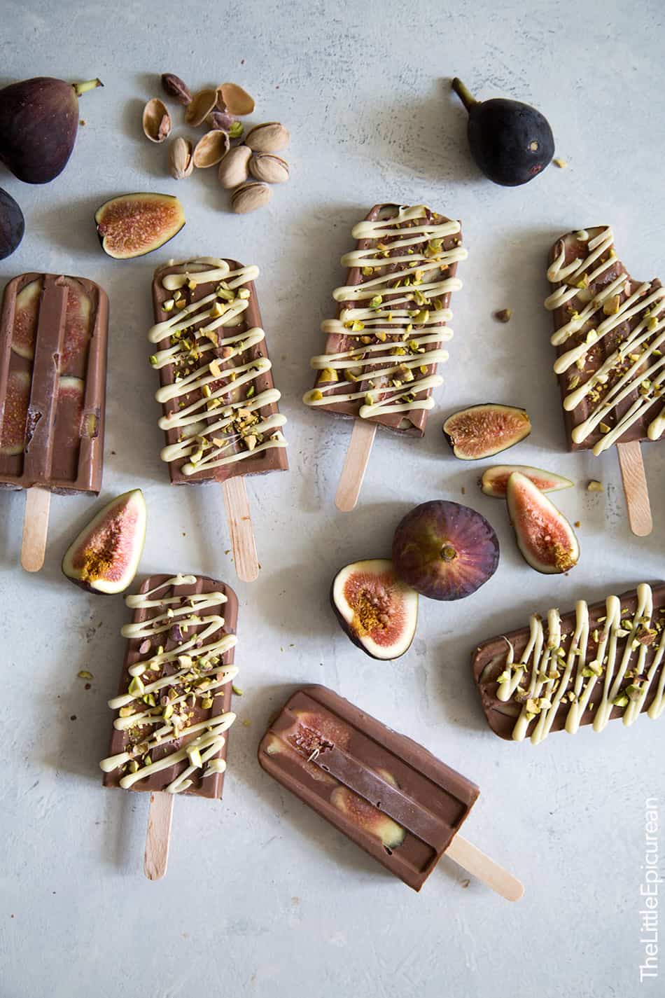 Fig Fudge Popsicles with White Chocolate Drizzle and Crushed Pistachios