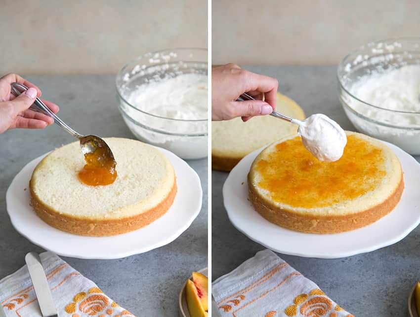spread peach jam and peach whipped cream on white cake layer. 
