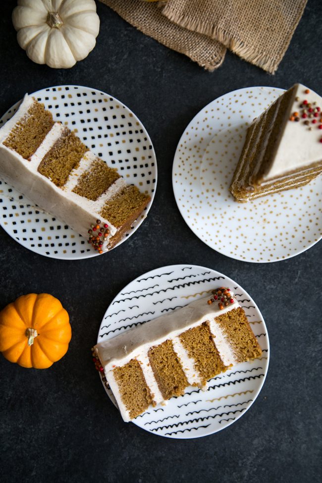 three slices of Pumpkin Cake with Cinnamon Maple Buttercream.