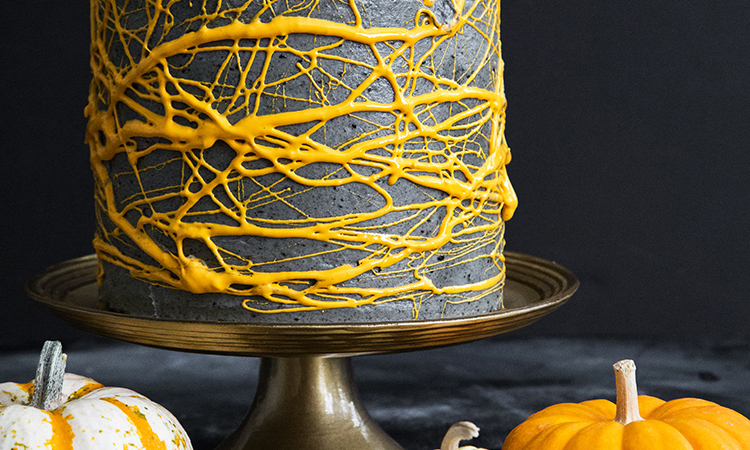 Black Sesame Cake with Marshmallow Webs surrounded by mini pumpkins.