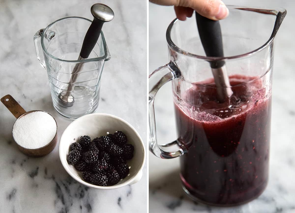 mash together fresh blackberries, sugar, and apple cider vinegar to produce shrubs. 