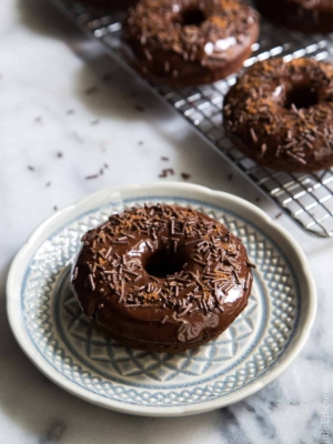 Baked Cayenne Chocolate Donut on grey plate.