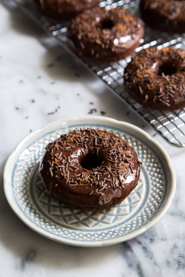 Baked Cayenne Chocolate Donut on grey plate.