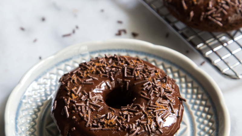 Baked Cayenne Chocolate Donut on grey plate.