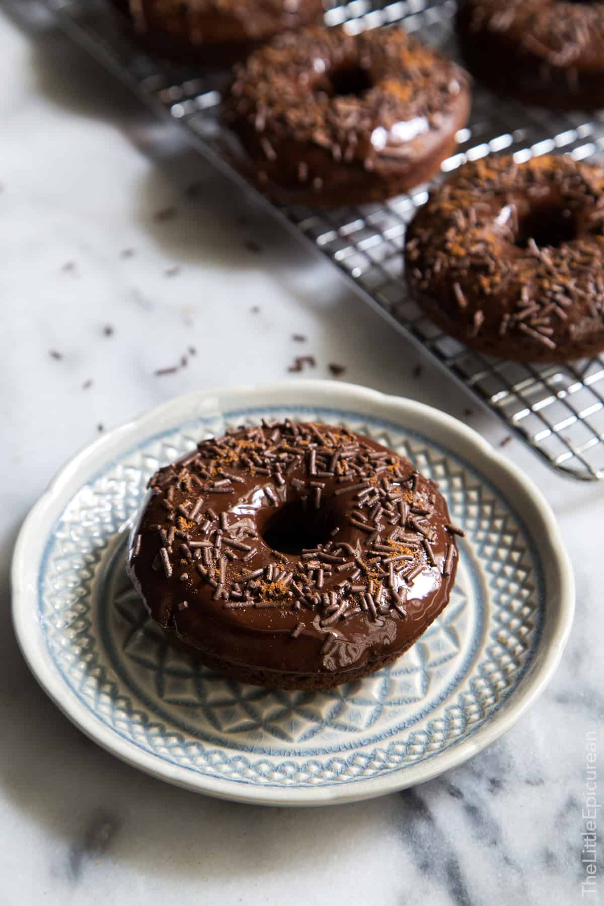 Baked Cayenne Chocolate Donut on grey plate.