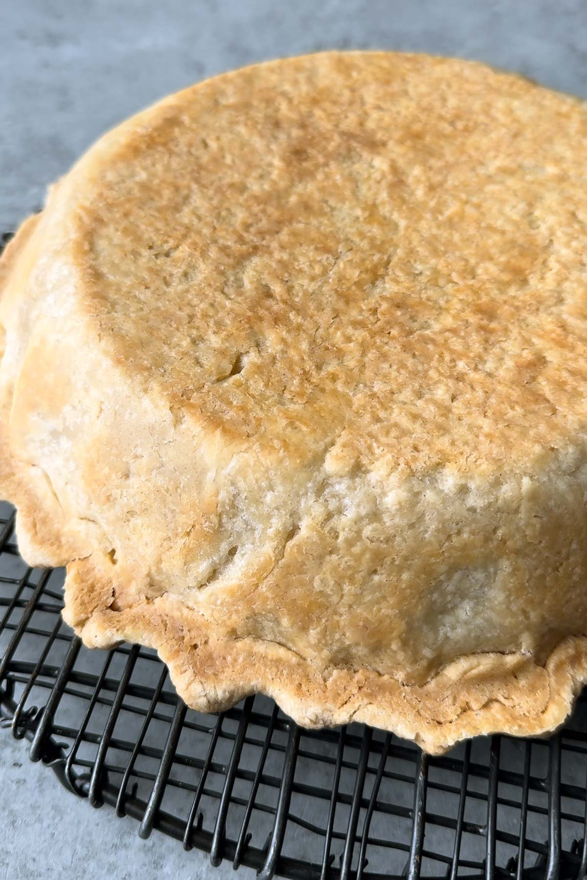 showing the bottom of pie crust that is evenly cooked, crispy, and well colored. 