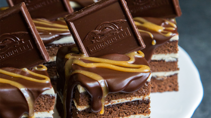 Mini Chocolate Bourbon Caramel Layer Cakes