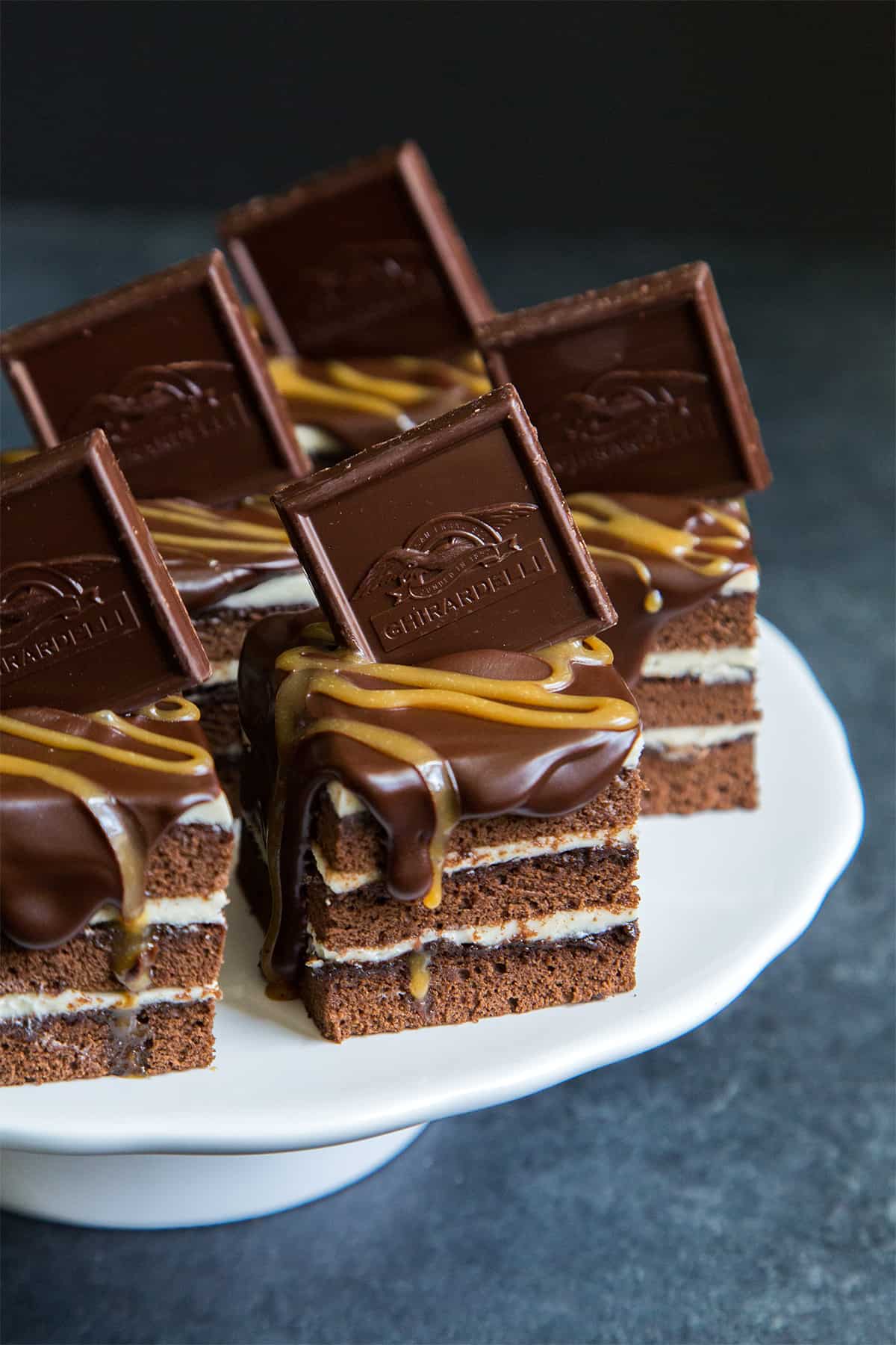 Mini Chocolate Bourbon Caramel Layer Cakes