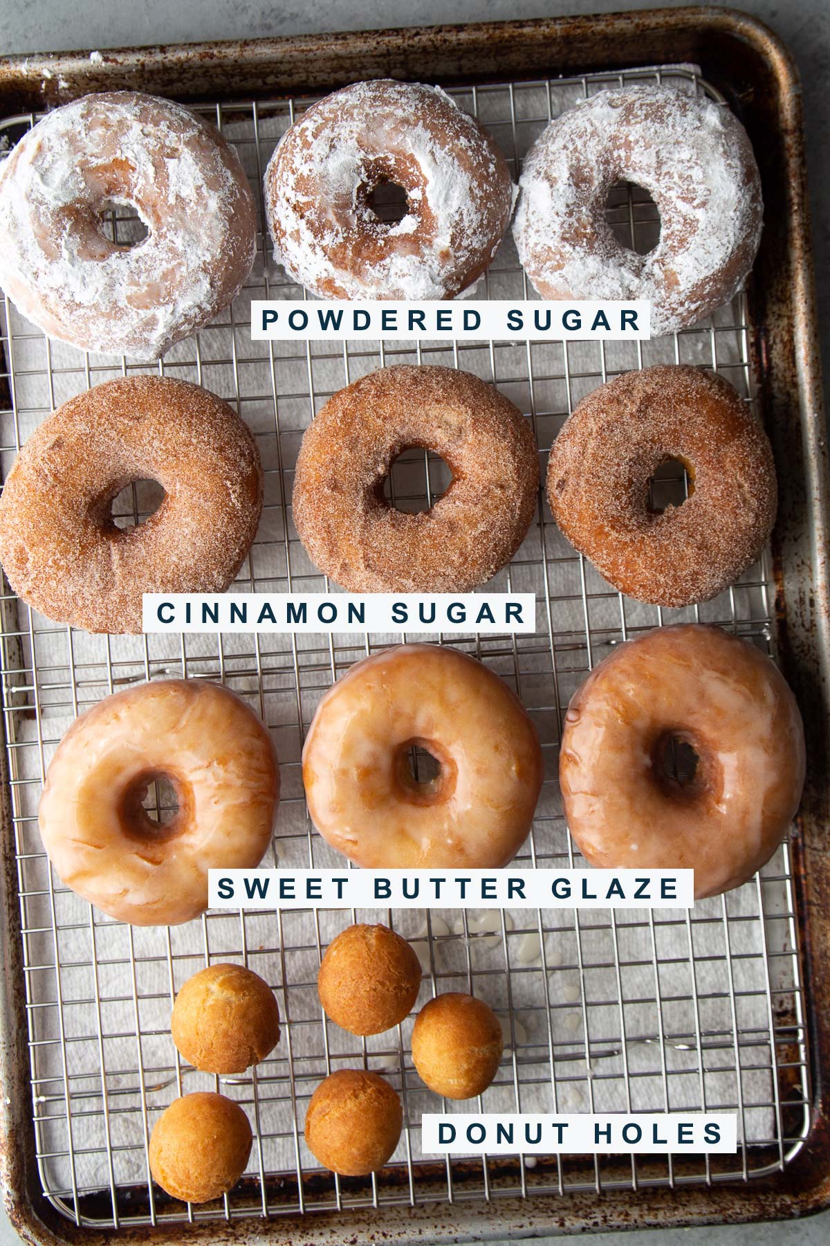 variations in buttermilk doughnut coating include powdered sugar, cinnamon sugar, and sweet butter glaze.