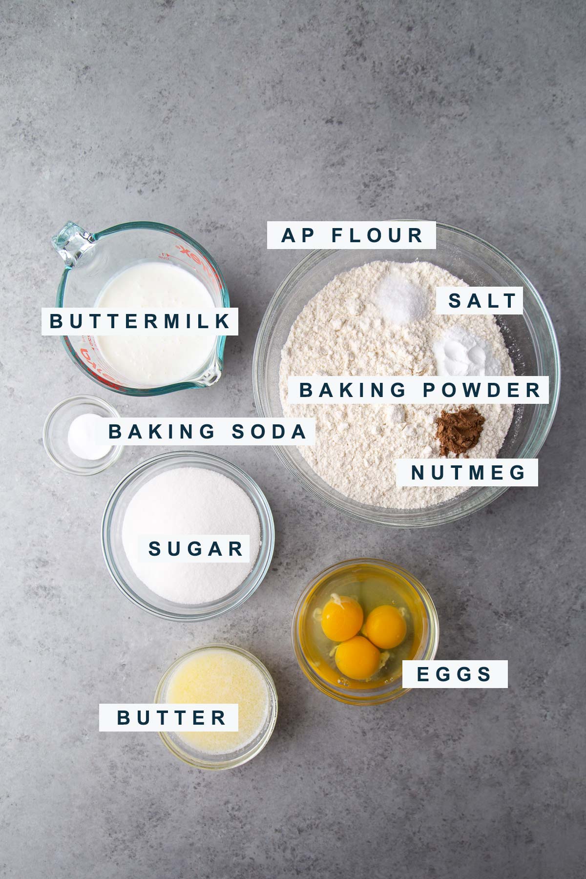 buttermilk donut ingredients include buttermilk, flour, eggs, butter, and nutmeg.