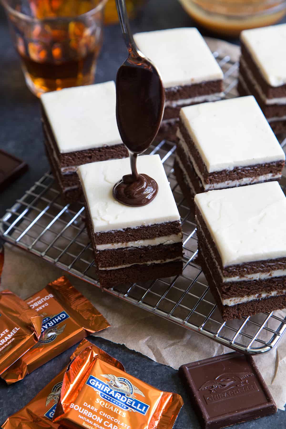 Mini Chocolate Bourbon Caramel Layer Cakes
