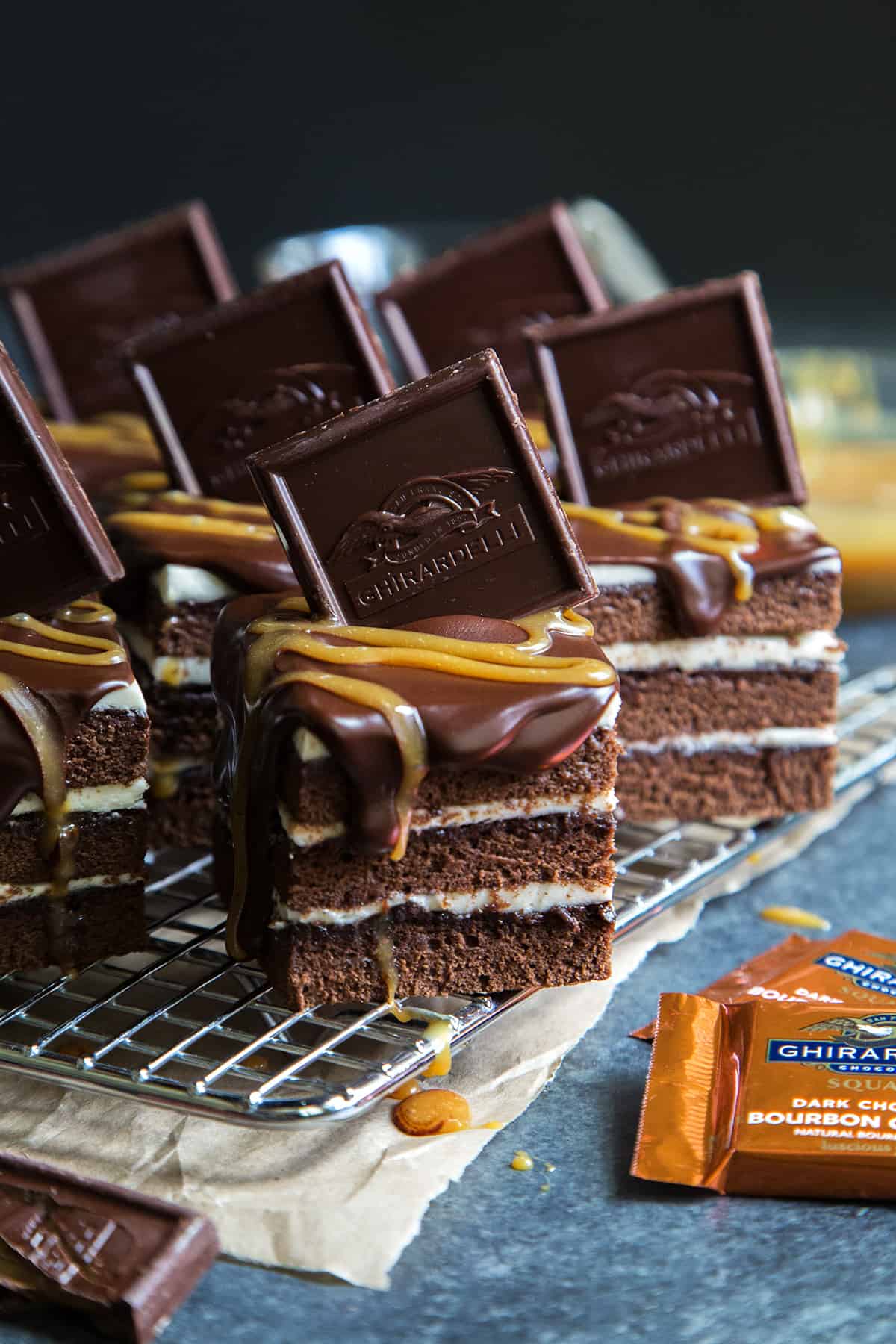 Mini Chocolate Bourbon Caramel Layer Cakes