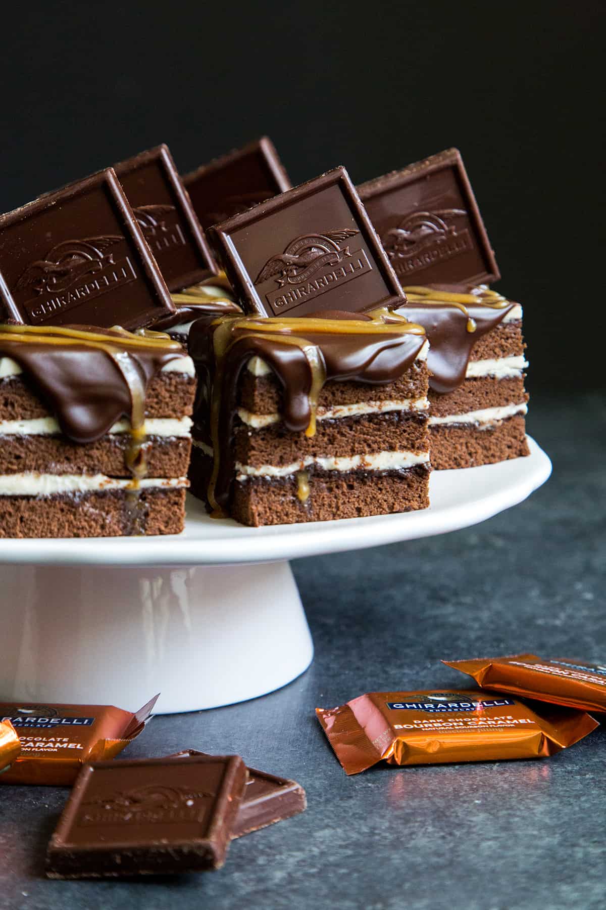 Mini Chocolate Bourbon Caramel Layer Cakes