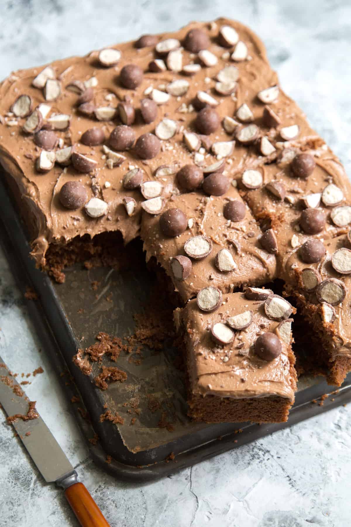 Chocolate Malt Sheet Cake cut into serving portions.