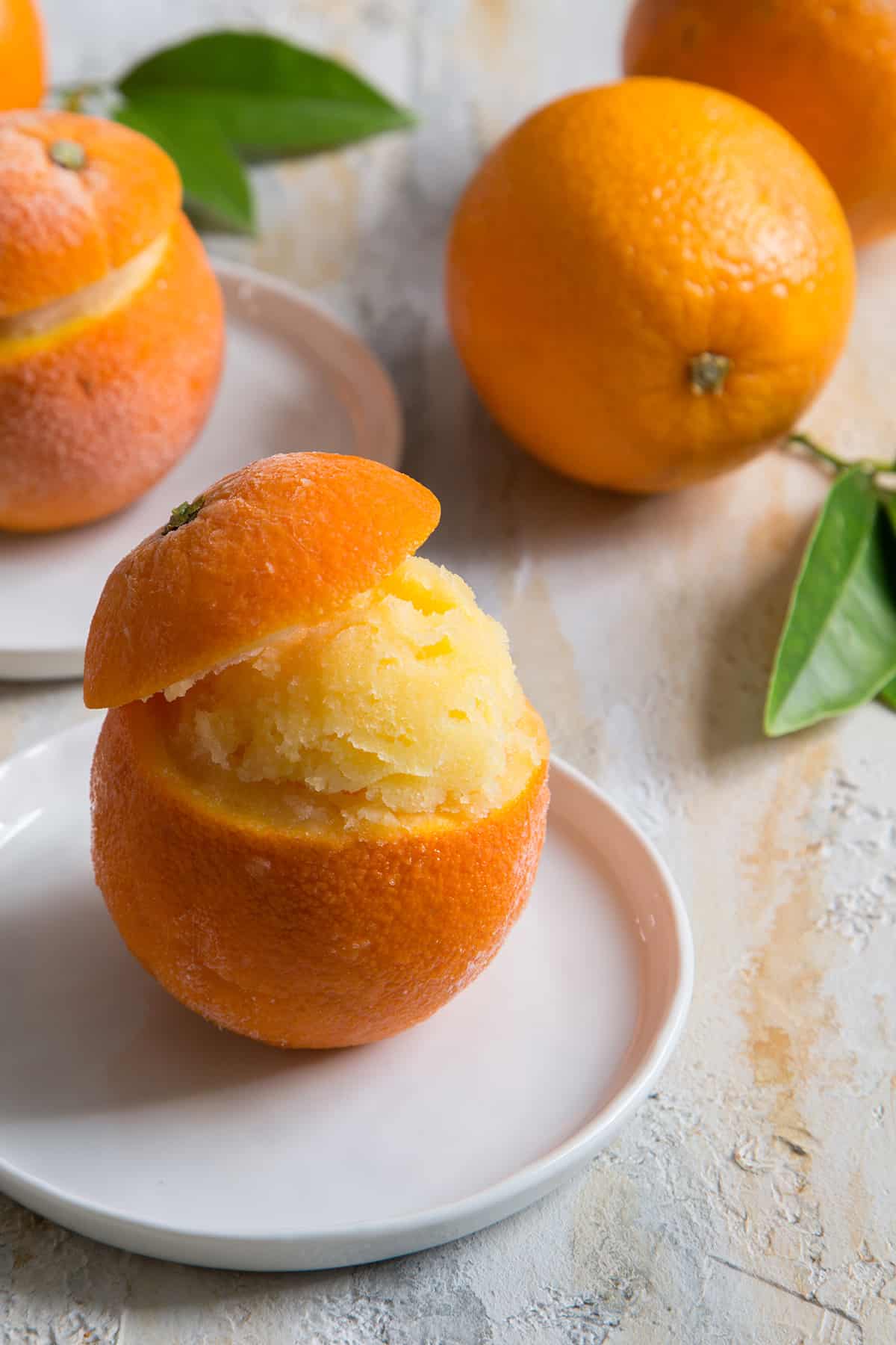 Orange Sorbet served in fresh orange cups. 