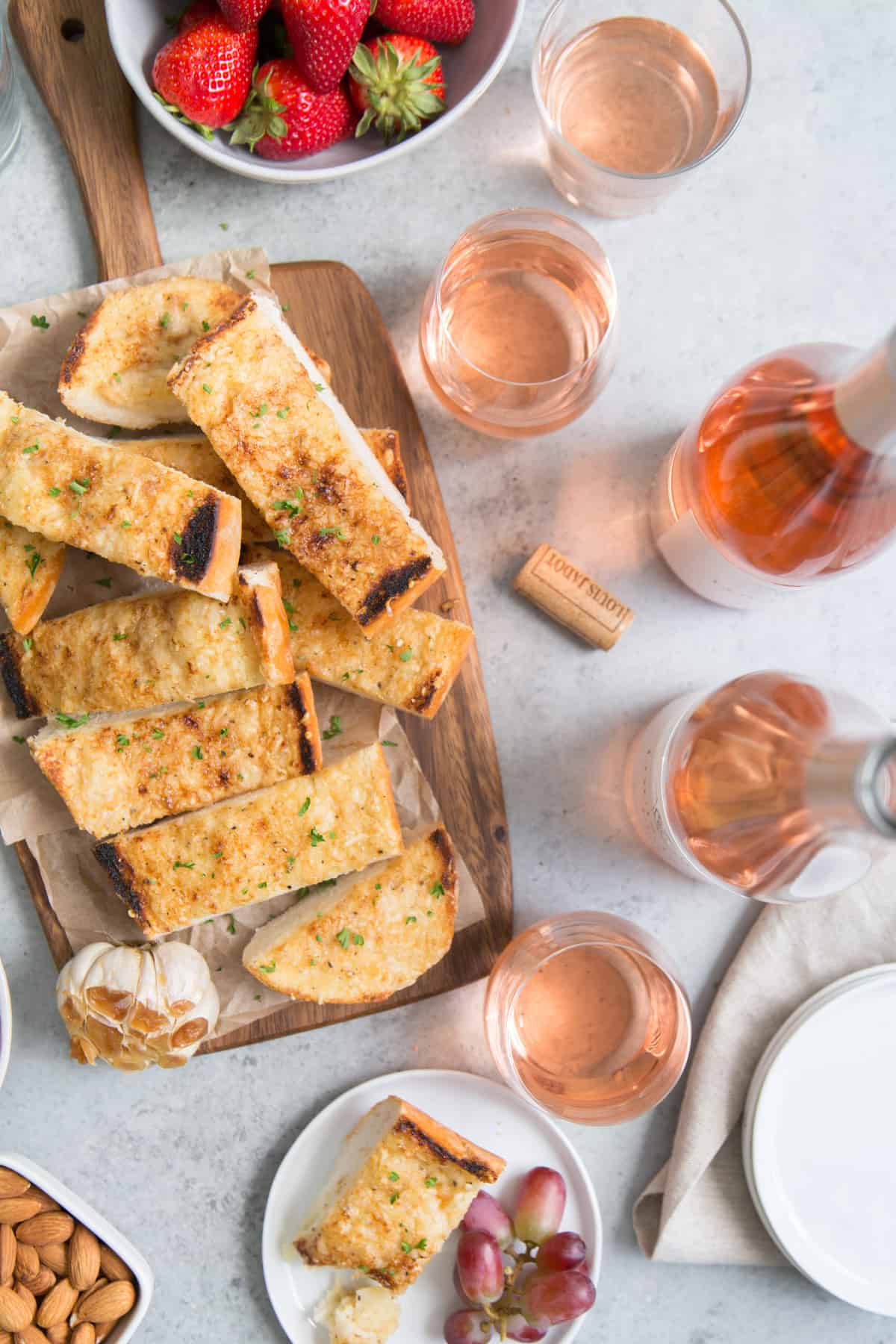 Roasted Garlic Bread paired with rose wine. 