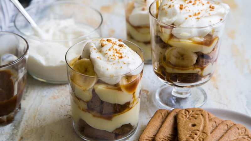 banana cream parfait layered inside a glass containers.