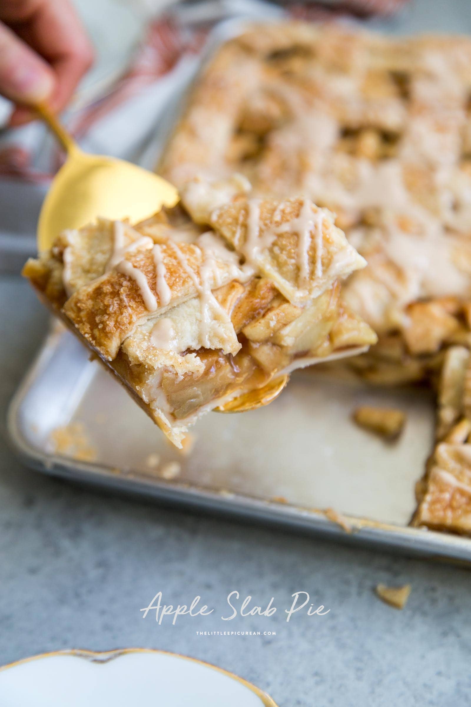 slice of apple slab pie with maple glaze.