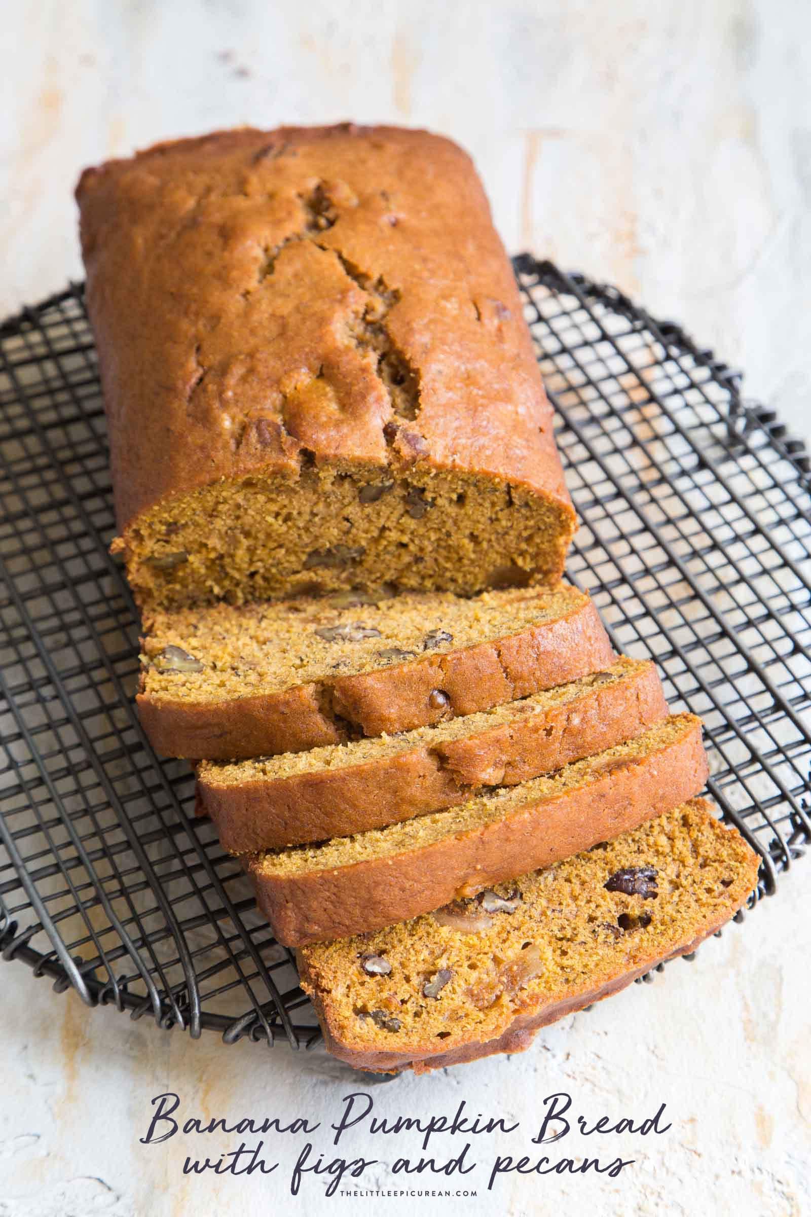 Banana Pumpkin Bread with dried figs and toasted pecans