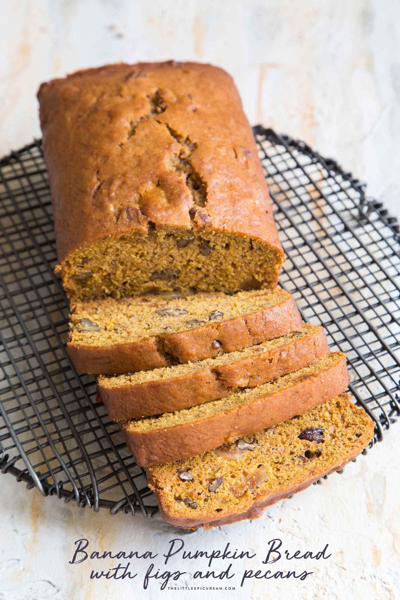 Banana Pumpkin Bread with dried figs and toasted pecans sliced. 