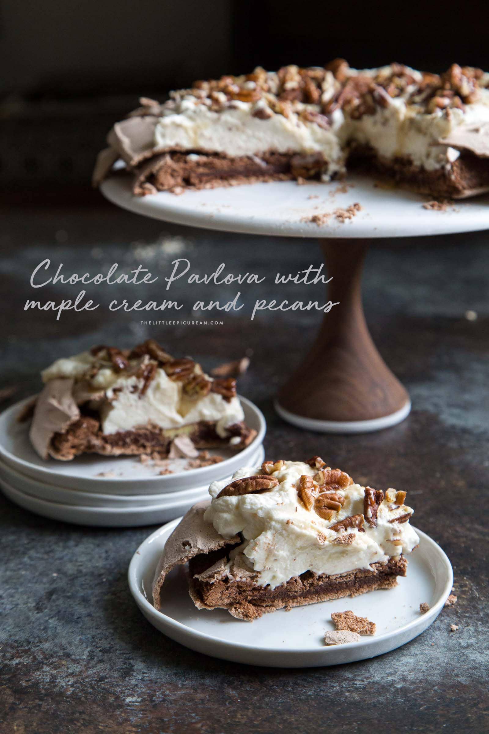 Chocolate Pavlova with maple and pecans