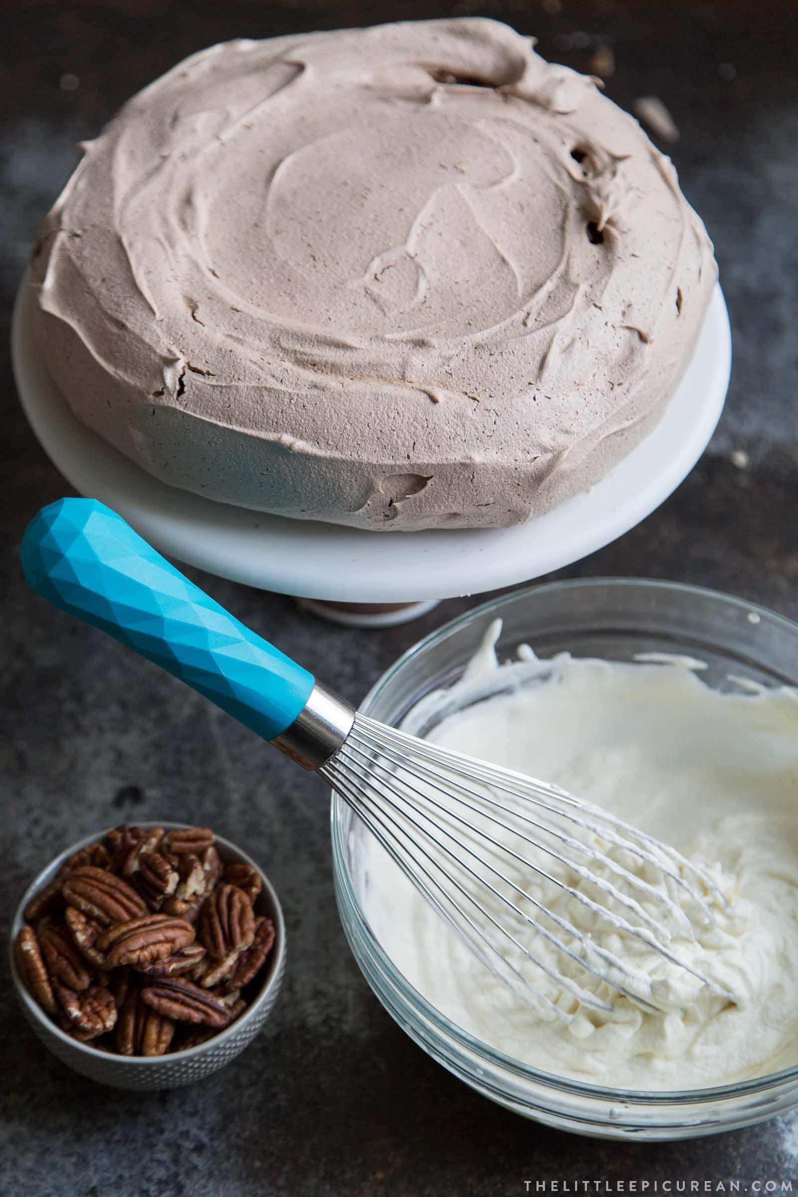 Chocolate Pavlova with maple and pecans