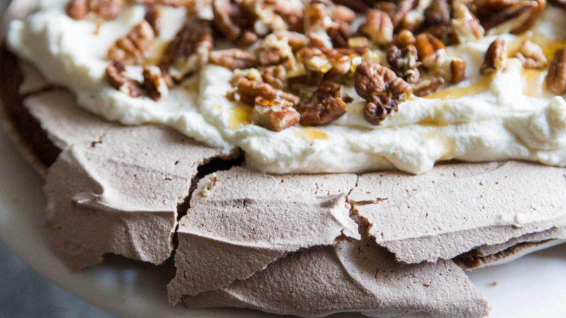 Chocolate Pavlova with maple and pecans