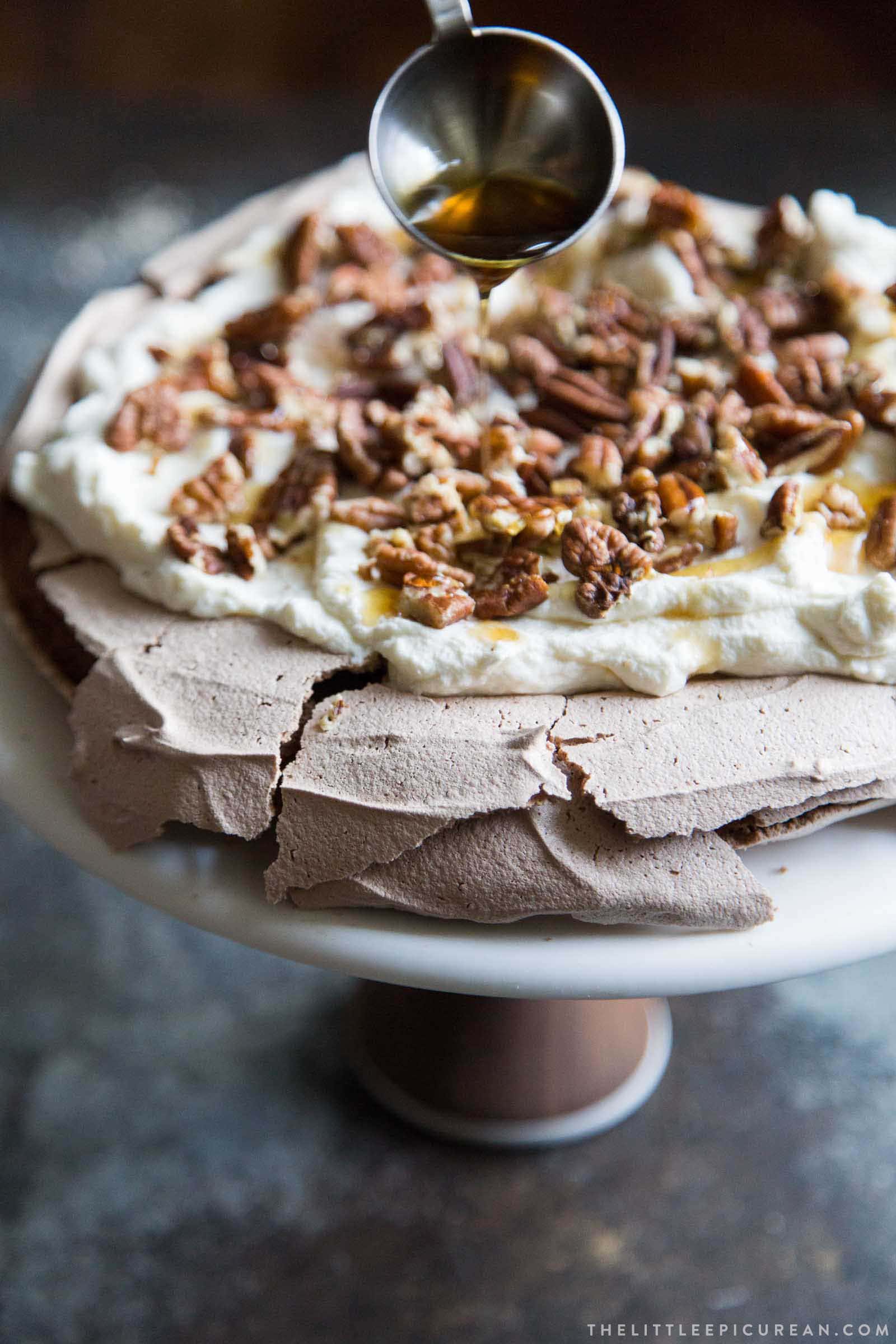 Chocolate Pavlova with maple and pecans