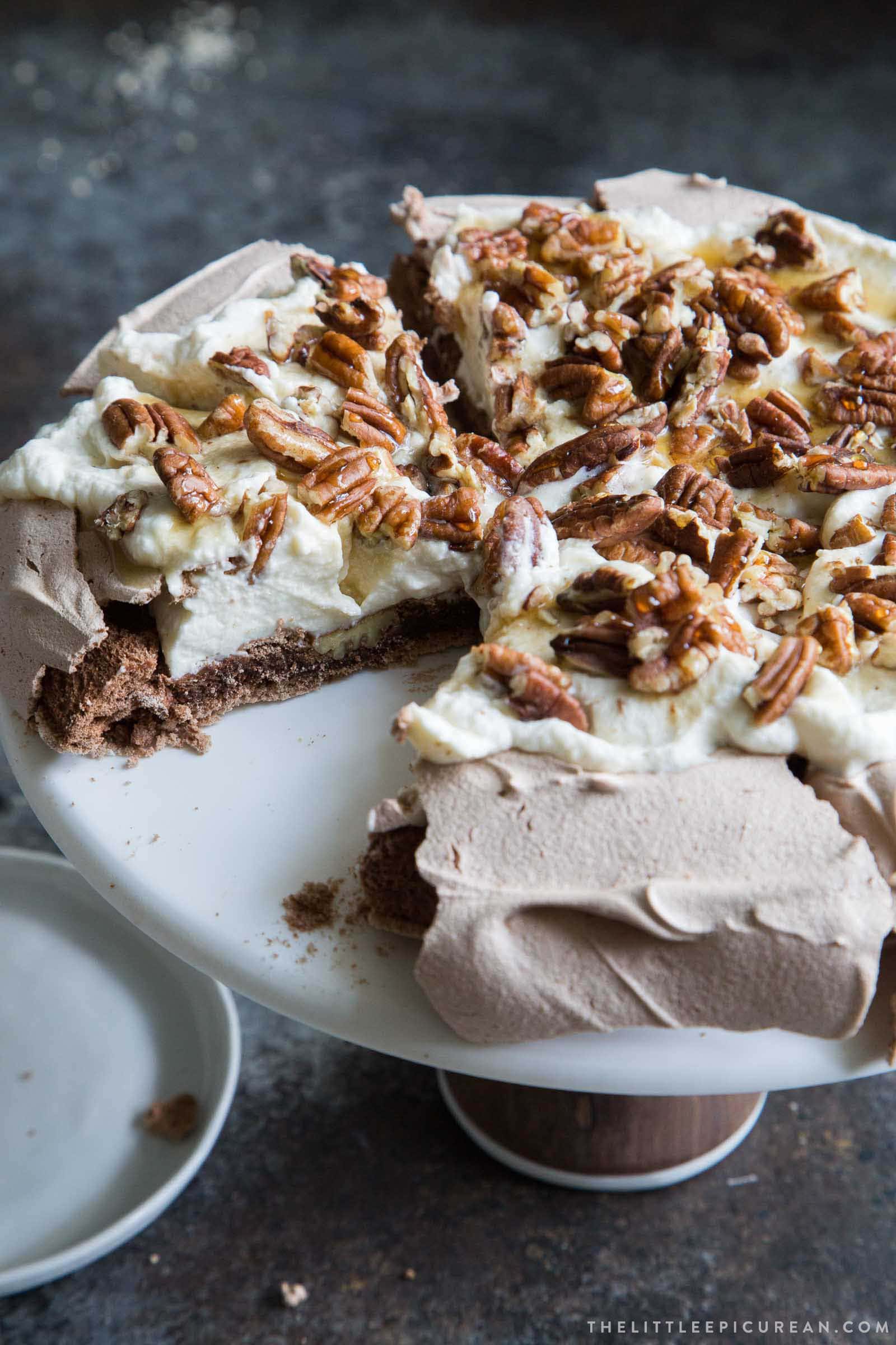 Chocolate Pavlova with maple and pecans