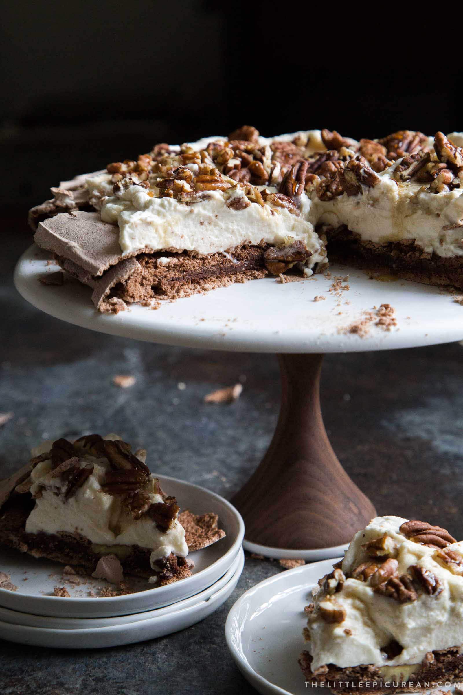 Chocolate Pavlova with maple and pecans