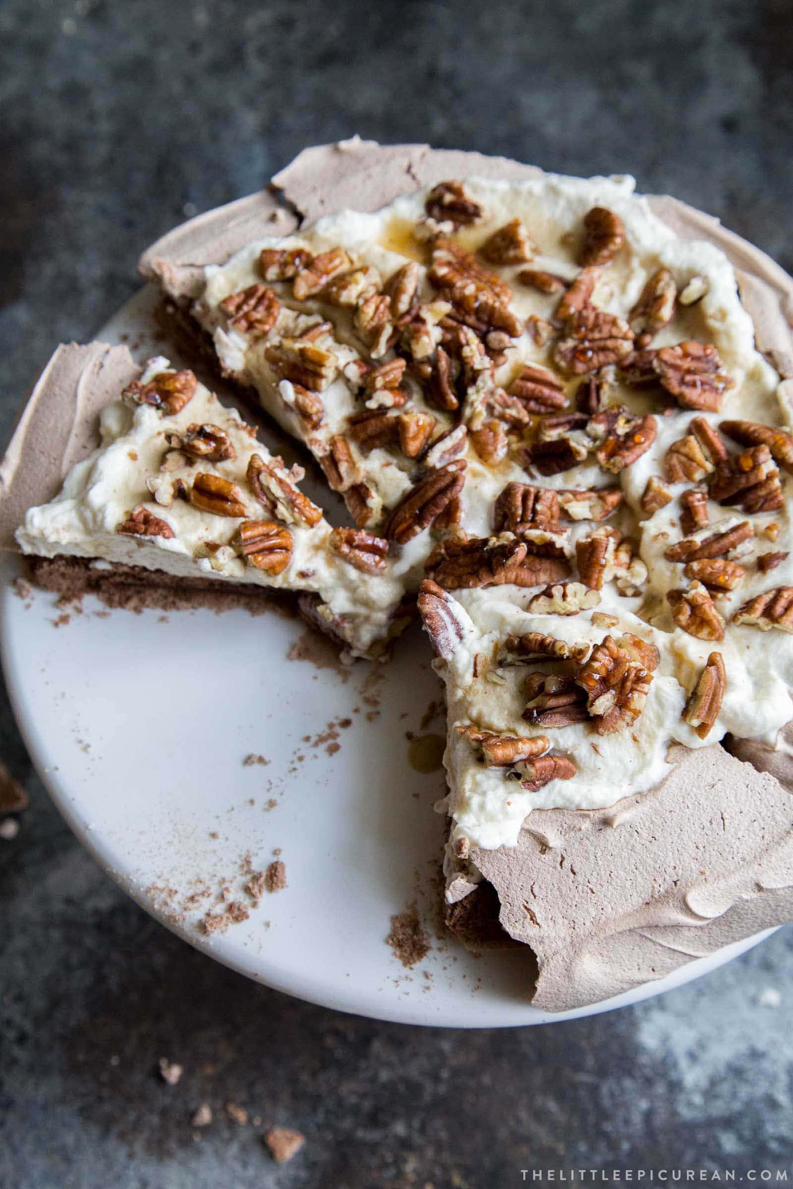 Chocolate Pavlova with maple and pecans