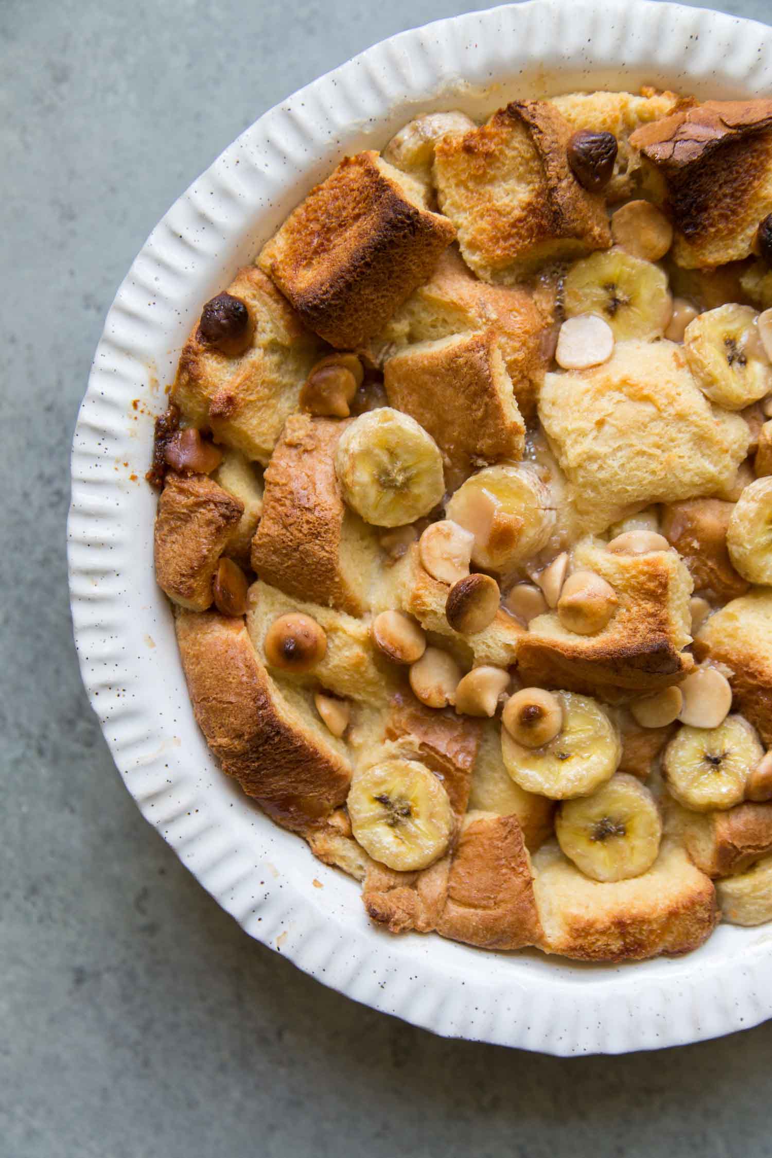 Banana Rum Bread Pudding baked in pie plate. 