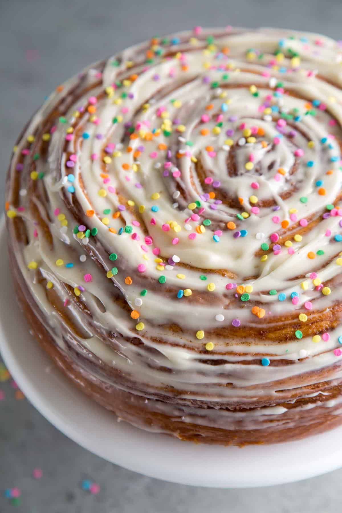 Birthday Cinnamon Roll Cake with Cream Cheese Frosting