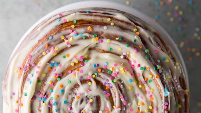 Birthday Cinnamon Roll Cake with Cream Cheese Frosting