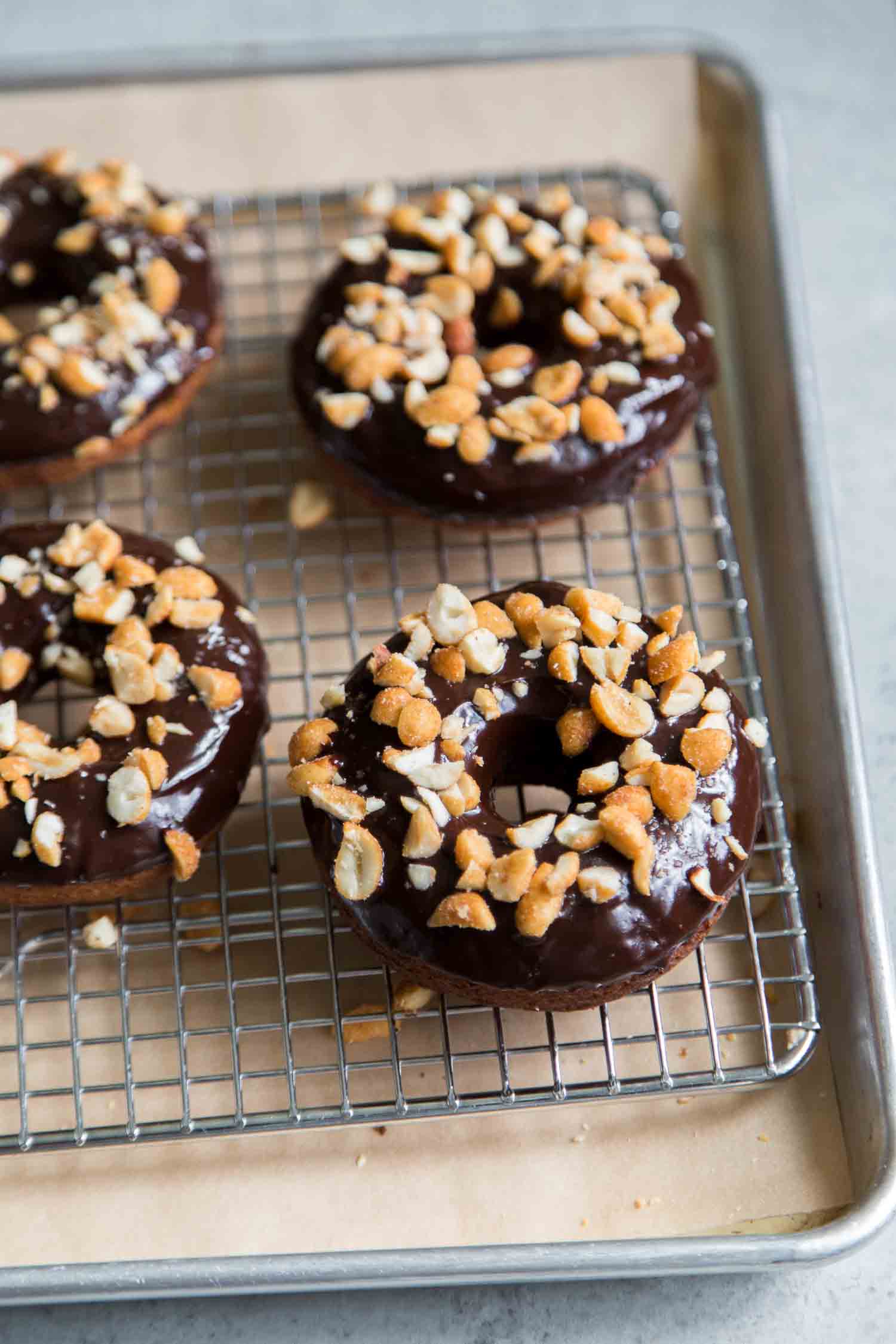 Peanut Butter Cake Doughnuts with Chocolate Glaze