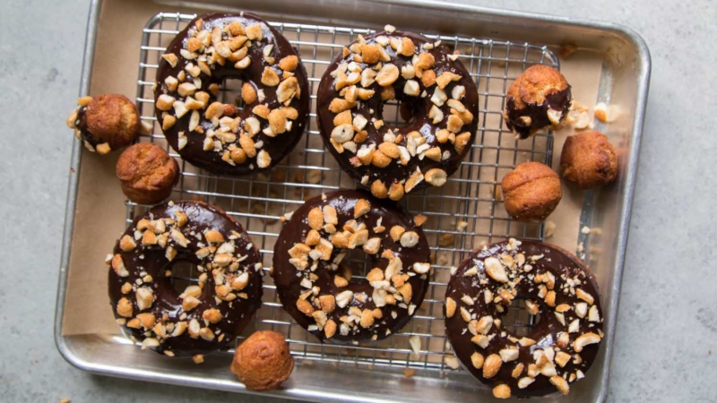 Peanut Butter Cake Doughnuts with Chocolate Glaze