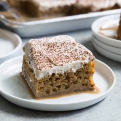 Vietnamese Coffee Poke Cake slice on white plate.