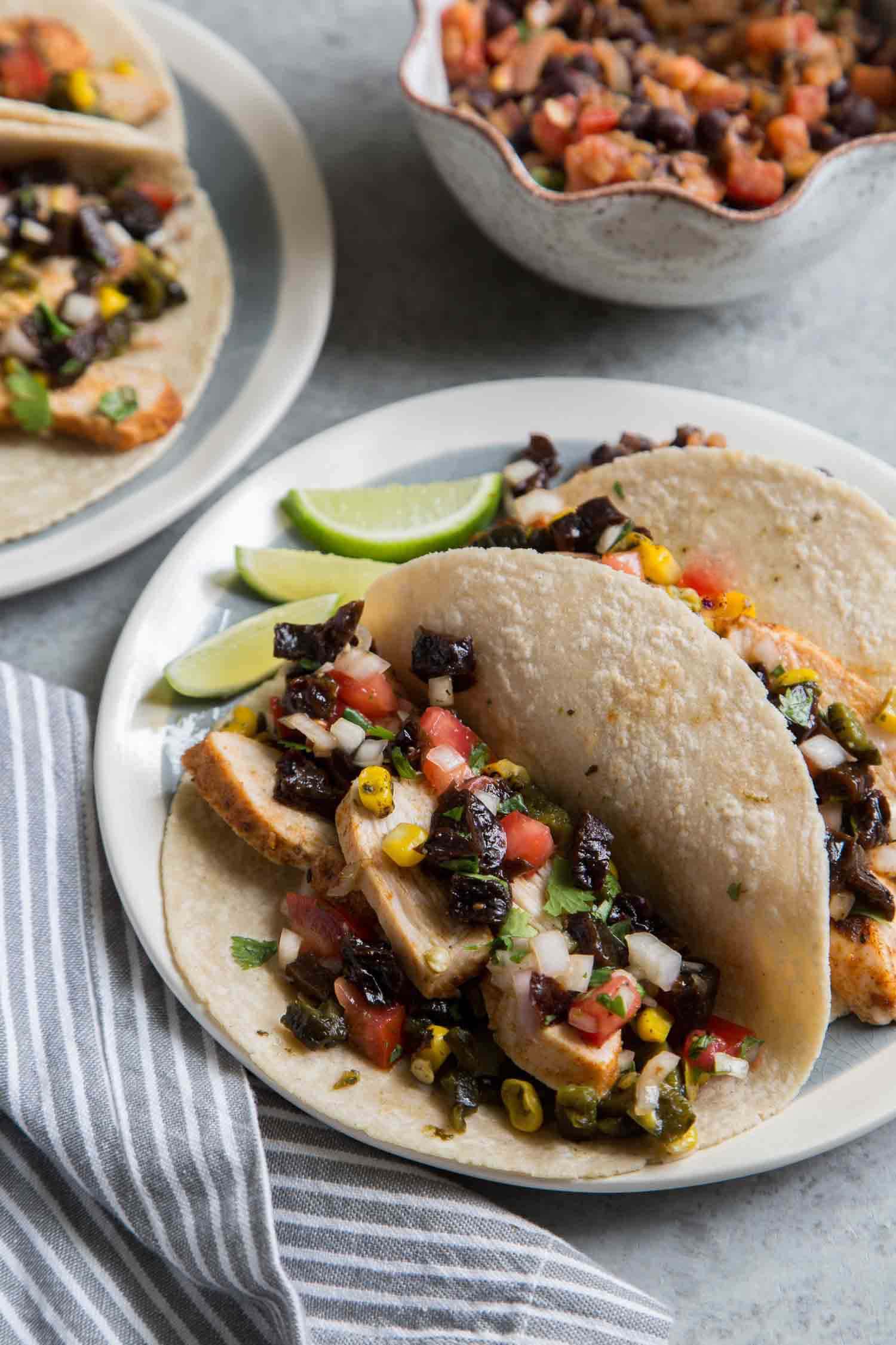 Chicken Tacos with California Prunes Salsa and Refried Black Beans